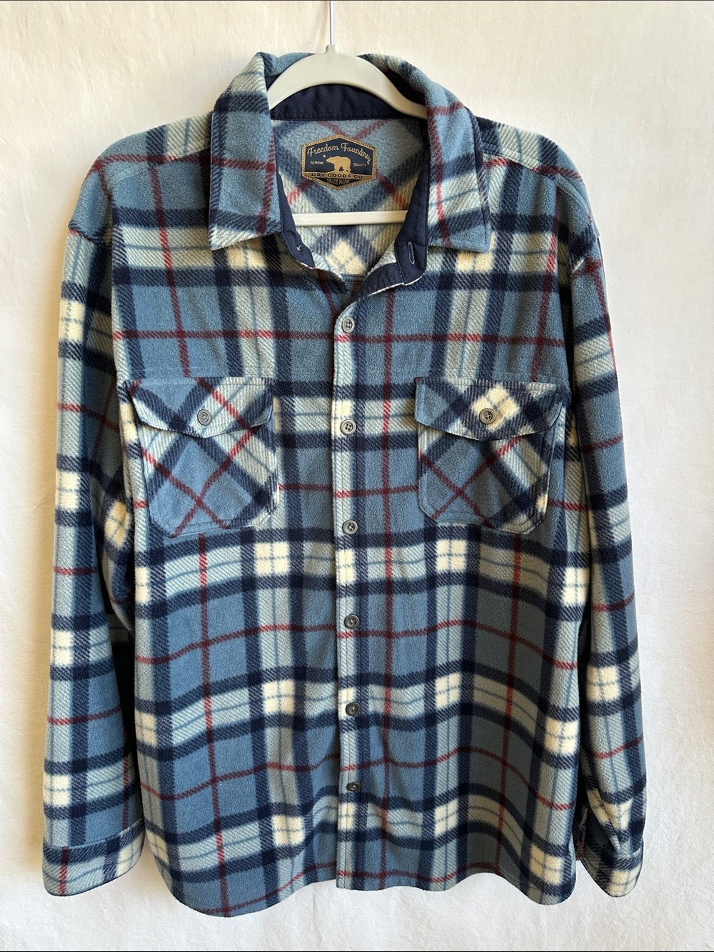 Freedom Foundry men’s plush stone blue plaid fleece shirt, size XL